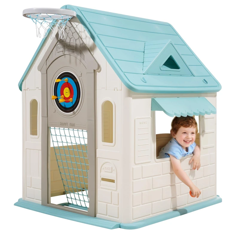 VEVOR Outdoor Playhouse, 5-In-1 Cottage Play House with Pretend Play, Basketball, Darts, Soccer, Ring Toss, Window & Convenient Door, Toddler Slide Set for Aged 2+, Smooth Edges, Polypropylene Plastic