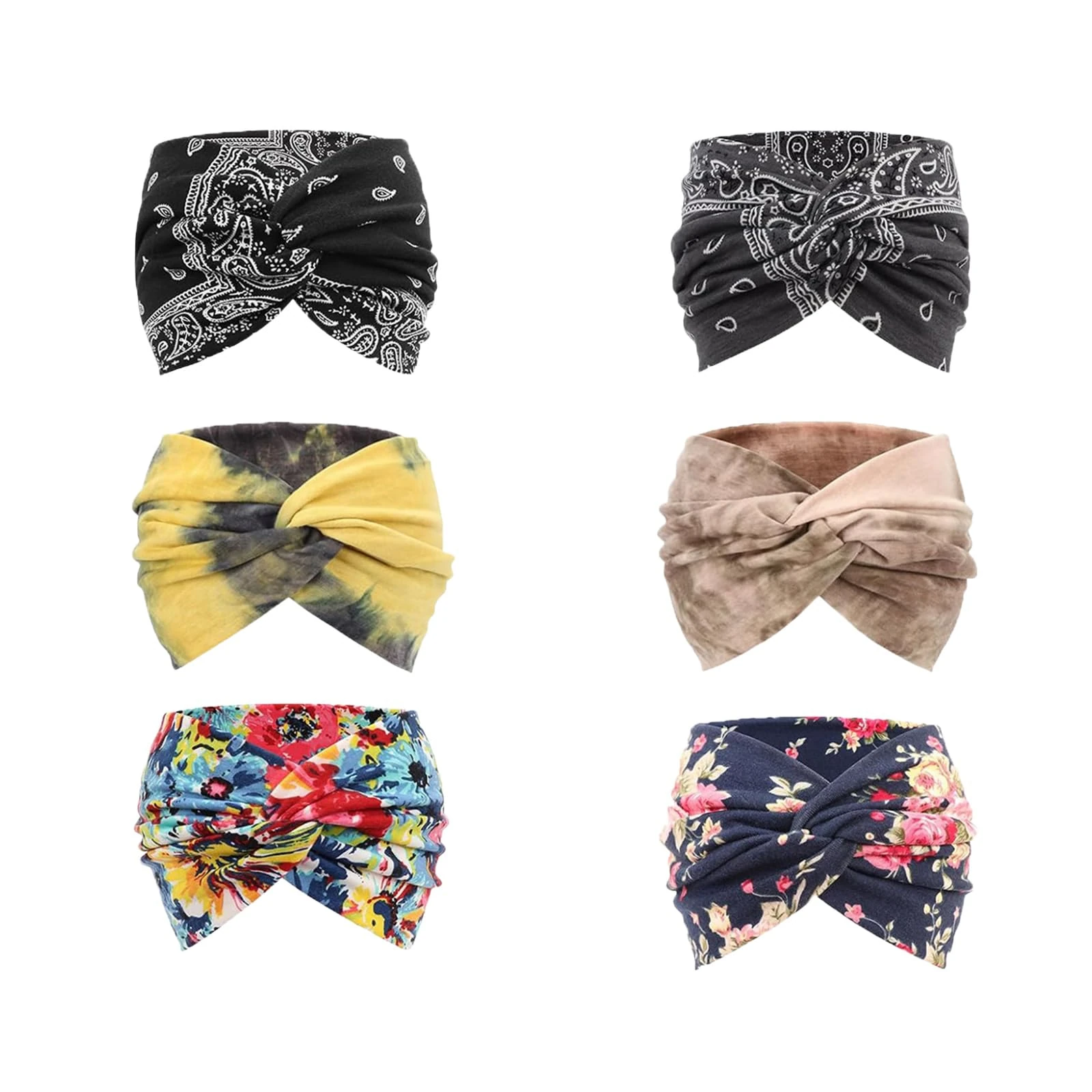 LynixTrade Wide Headbands for Women's Hair Head Bands Adult Women Elastic Head Bands Soft Ladies Boho Fashion Bandanas Knot Twisted Knot Hair Accessories Elastic Fashion Yoga Headband (6pcs, One size)