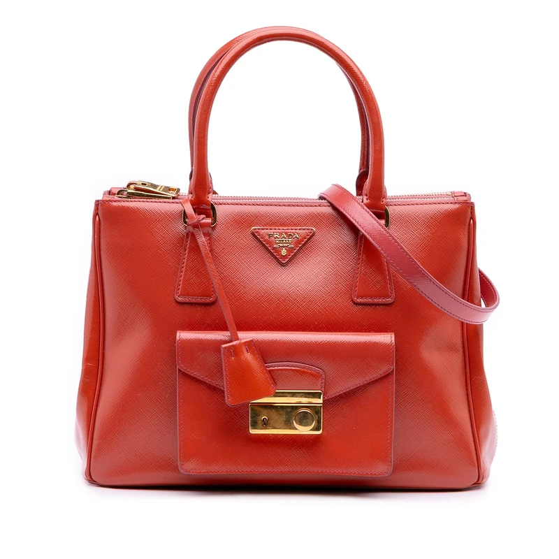 Prada Pre-Loved Saffiano Vernice Front Pocket Galleria Double Zip Satchel Handbag