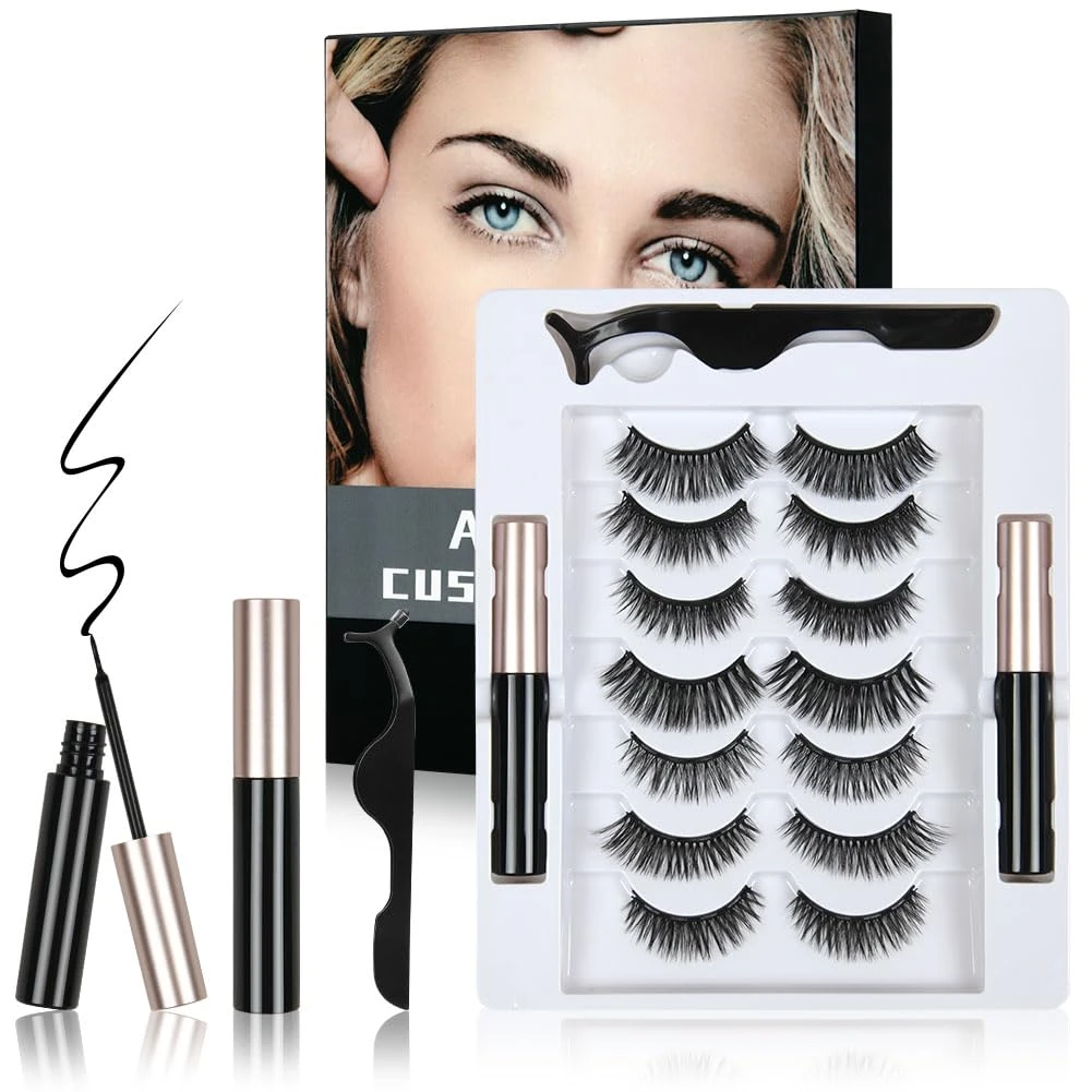 LOPHE Eyelashes Magnetic Lashes, 7 Pairs Reusable Thick False Eyelashes with 2 Tubes of MagneticEyeliner, Faux Mink Fake Eyelashes, Natural Look False Eyelashes, 3D Curly False Lashes Kit