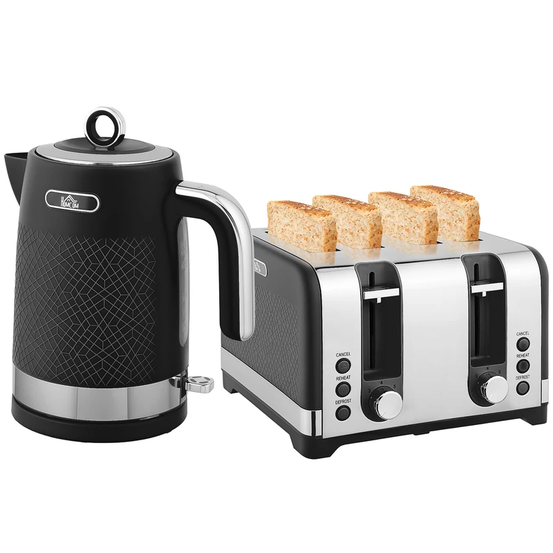 HOMCOM Kettle and Toaster Set, 1.7L 3000W Rapid Boil Jug Kettle with Otter Thermostat, Limescale Filter, 4 Slice Toaster with 7 Browning Controls, Crumb Tray, Black