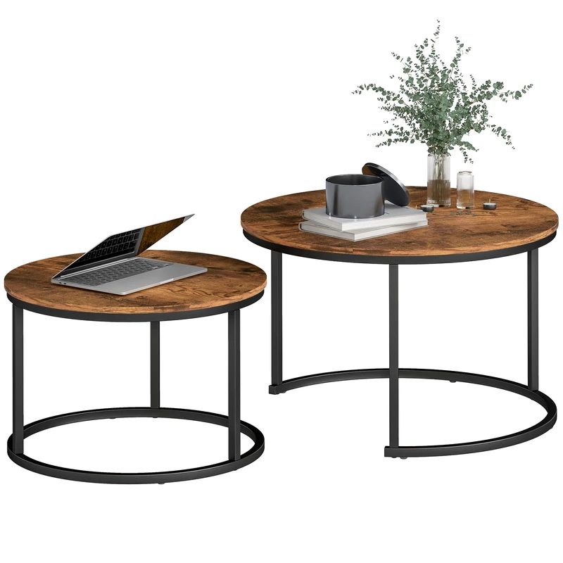 HOMCOM Coffee Table Set of 2, Round Nest of Tables with Metal Frame, Modern Side Tables for Living Room, Rustic Brown
