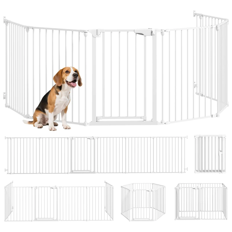 PawHut Folding Modular Safety Gate 366 cm with Double Locking Door, Dog and Child Playpen, Metal Fireplace Protection Barrier, 6 Panels, White