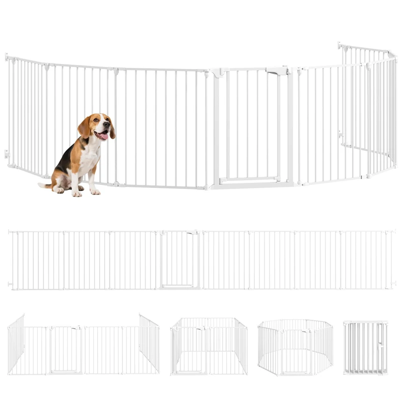 PawHut 488 cm Folding Modular Safety Gate with Double Locking Door, Dog and Child Playpen, Metal Fireplace Protection Barrier, 8 Panels, White