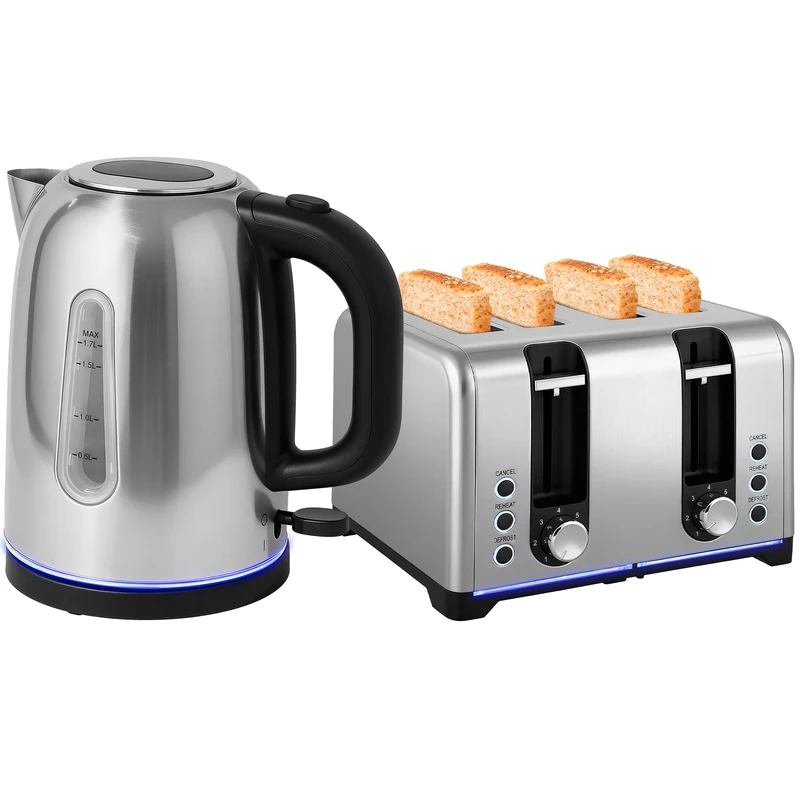 HOMCOM Kettle and Toaster Set, 1.7L 3000W Rapid Boil Jug Kettle with Otter Thermostat, Limescale Filter, 4 Slice Toaster with 7 Browning Controls, Crumb Tray, LED Strip, Silver Tone
