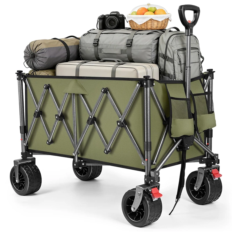 YEAUPE PRO Handcart Foldable from 4 Directions with Side Opening, 260 L, 150 kg Load Capacity, Foldable Handcart with Parking Brake & Height-Adjustable Handle for Beach, Camping, Garden, Olive Green