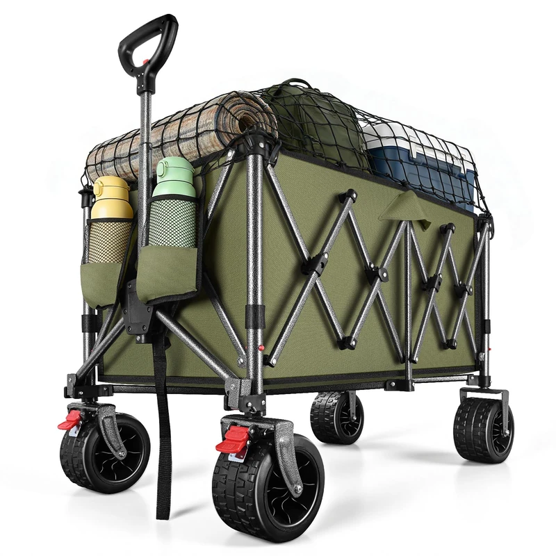 162L Festival Trolley on Wheels, Folding Wagon, Portable Camping Cart, Camping Trolley Foldable for Beach Outdoor Garden Shopping Fishing, Ultra Wide Wheels Army Green