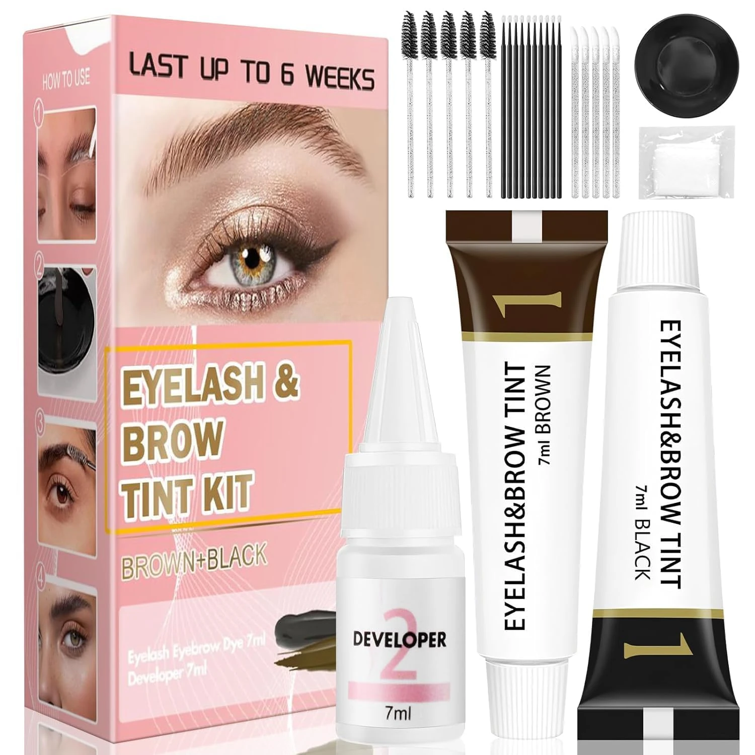 Eyelash & Eyebrow Color Kit,2 in 1 Professional Lash & Brow Color Kit Lash Color Kit with Brush Long Last Effect Up to 6 weeks,Natural,Safe & Easy Natural Brows Color DIY at Home (Black and Brown)