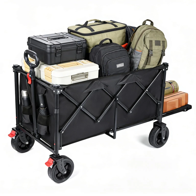 YEAUPE PRO Foldable Handcart with Brakes 60-110L 100 kg Load Capacity, Beach Trolley Foldable with Tailgate, Handcart for Garden, Camping, Shopping & Picnic, Black