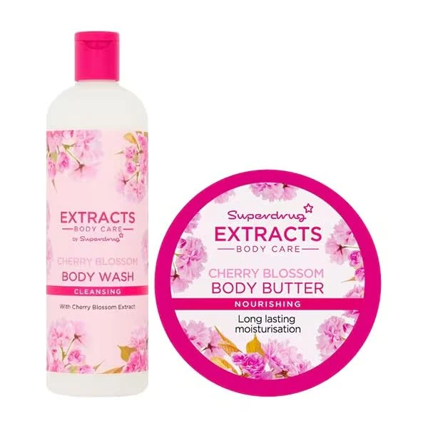 Superdrug Extracts Cherry Blossom Body Care Set, Cleansing Body Wash 500ml and Nourishing Body Butter 200ml, Long Lasting Moisturisation