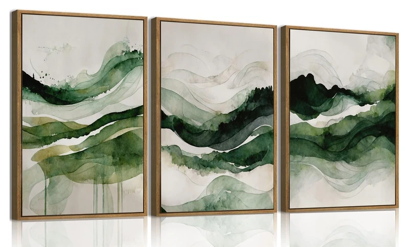 KISSFOX 3 Piece Framed Wall Art Abstract Wall Decor Emerald Green Pictures Watercolor Waves Canvas Art Large Modern Paintings Artwork for Living Room Bedroom Office