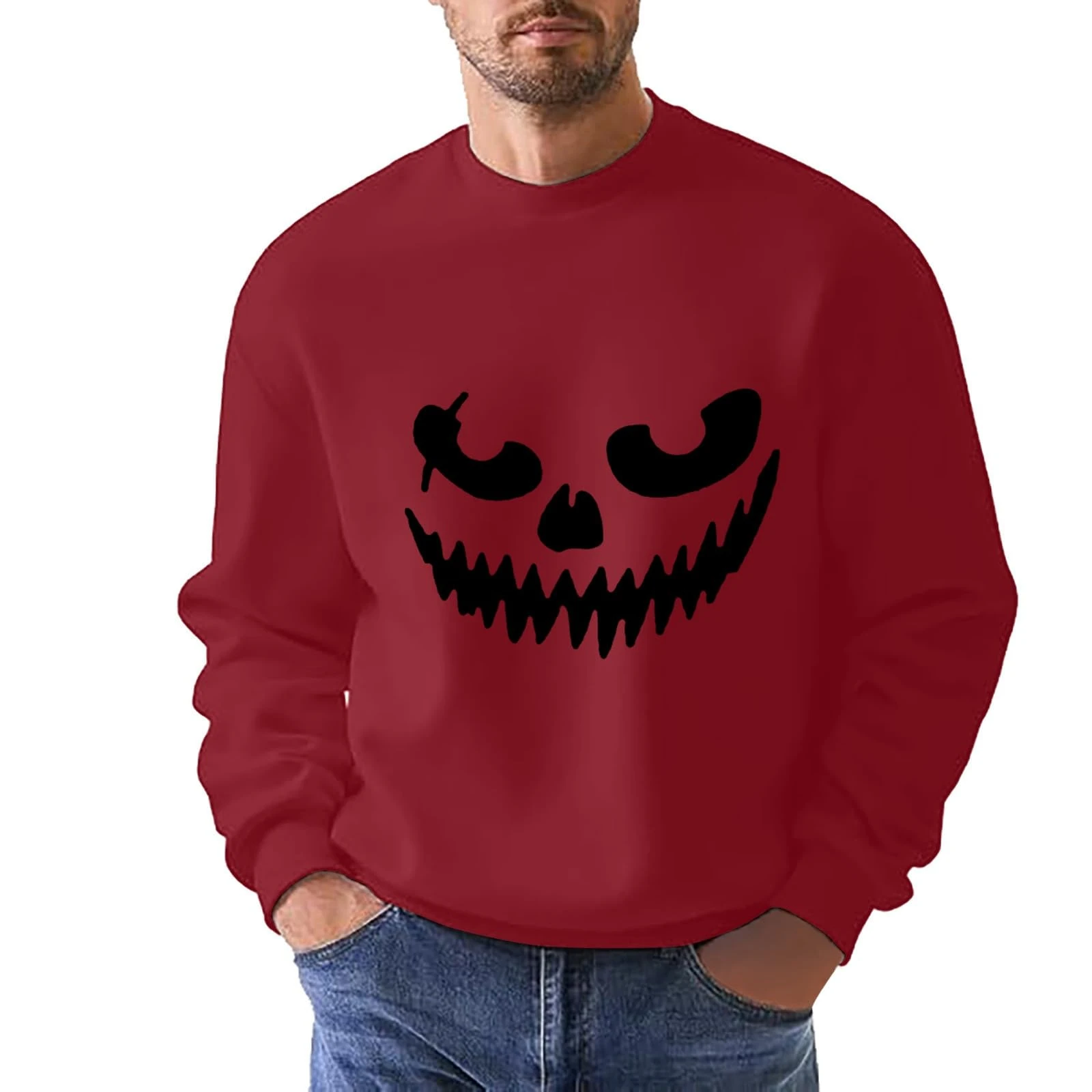 Mens Halloween Sweatshirts Pumpkin Printed Sweatshirt Lapel Collar Fashion Trendy Costume Comfy Breathable Pullover Elbow Patch Design Spooky Funny Gifts Red