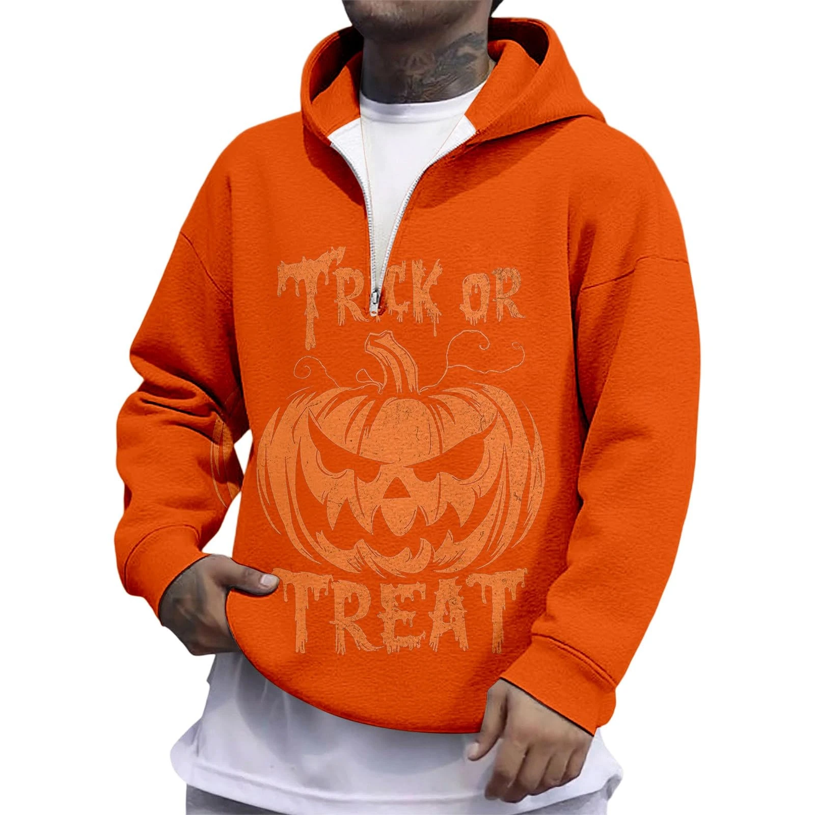 Halloween Costumes for Mens Pumpkin Head Hooded Vintage Crew Neck Button Drawstring Skull Casual Stylish Pullover Cozy Sweater Loungewear Festive Celebration Top Orange