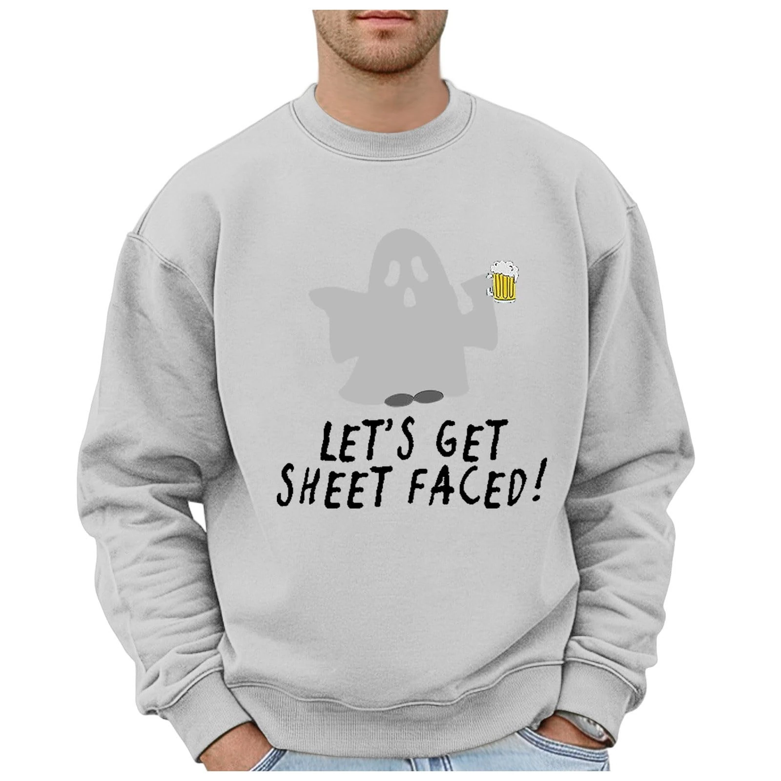 Long Sleeve Sweatshirts Halloween Face Print Lapel Collar Sweatshirt Festive Celebrations Comfy Breathable Pullover Elbow Patch Design Casual Athletic Wear Light Gray