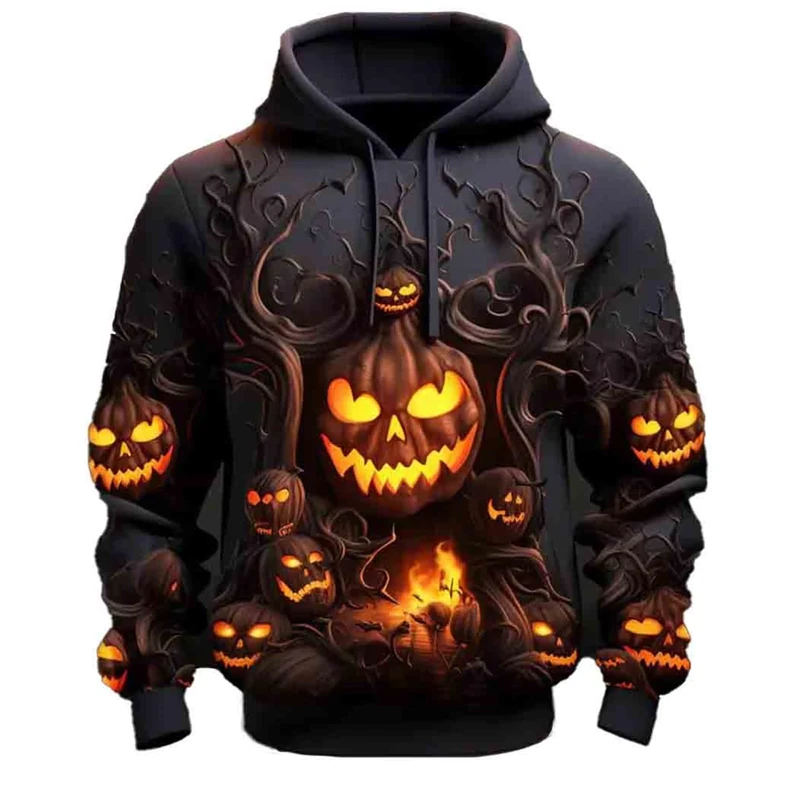 Halloween Hoodies for Mens Skeleton Pullover Sweatshirt Patchwork Stitched Knit Button Drawstring Skull Trendy Autumn Jumpers Fleece Warm Hooded Outdoor Activity Wear Orange