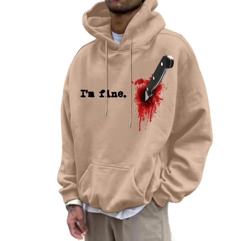 Halloween Costumes for Mens Pumpkin Head Hooded Retro Contrast Hoodie Button Drawstring Skull Casual Stylish Pullover Cozy Sweater Loungewear Seasonal Khaki