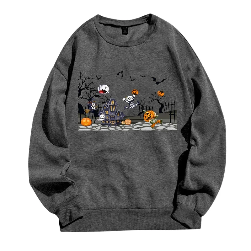 Halloween Costumes Mens Pumpkin Printed Sweatshirt Crew Neck Pullover Festive Celebrations Loose Fitting Sportswear Half Zip Hoodless Spooky Funny Gifts Grey