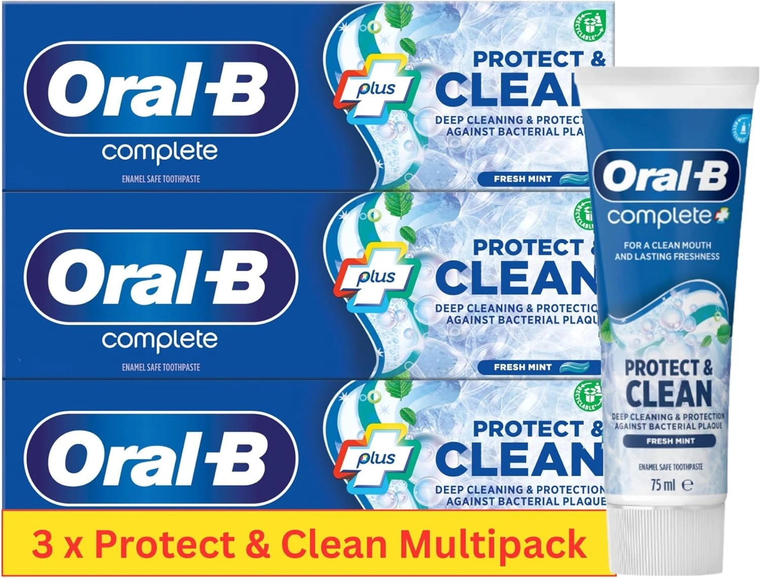 Oral B Protect & Clean - 3 Pack - Whitening Toothpaste Bundle. Oral B Toothpaste Whitening | Plaque Remover for Teeth | MS Bundle with Thank You Card