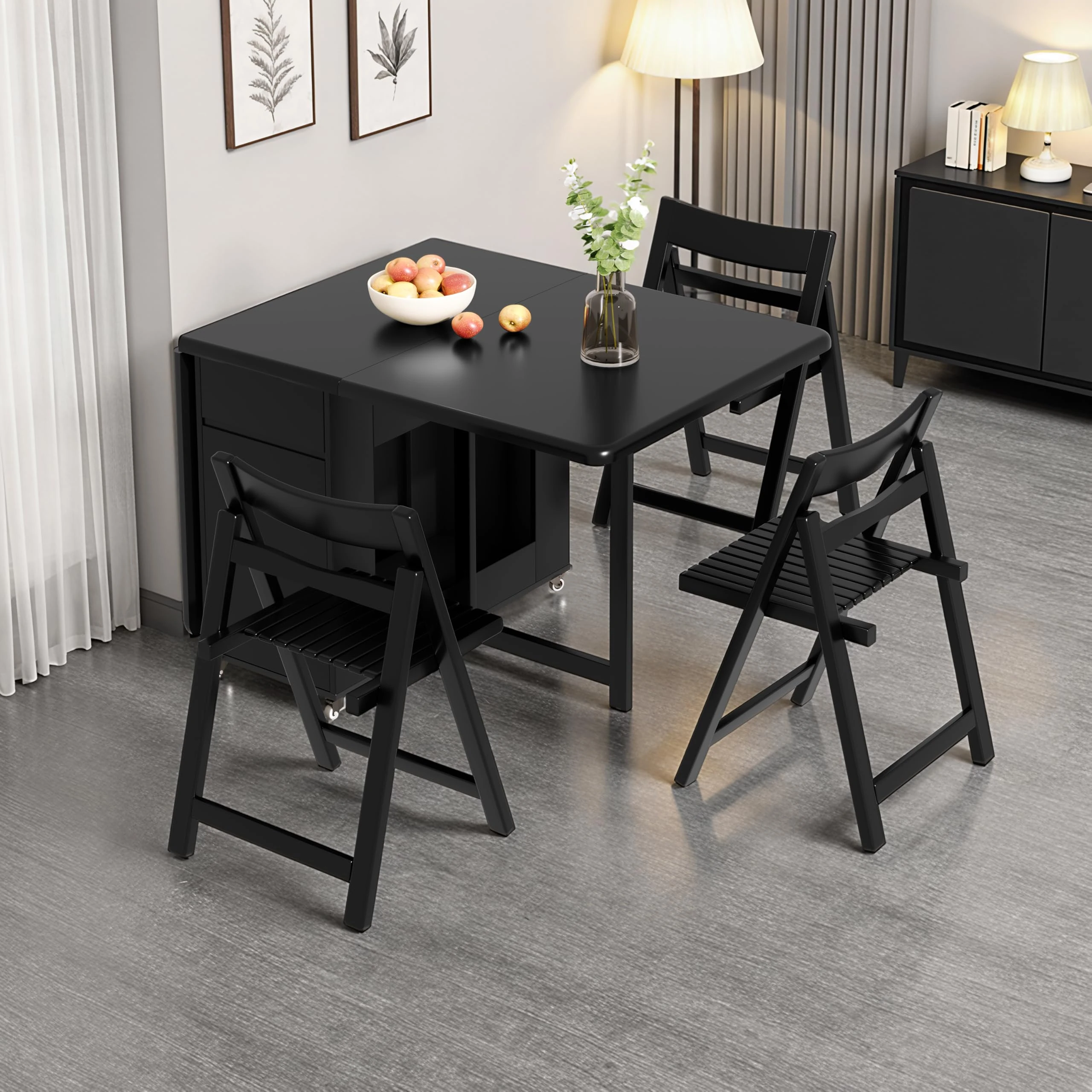 LumivoxNest Solid Wood Retro Black Folding Dining Table with Wheels & Storage, 1.3m & 1.5m Long, 4-6 Seater Mobile Kitchen Table for Small Spaces, Flats, Living Rooms (150CM Table + 4 Chair)