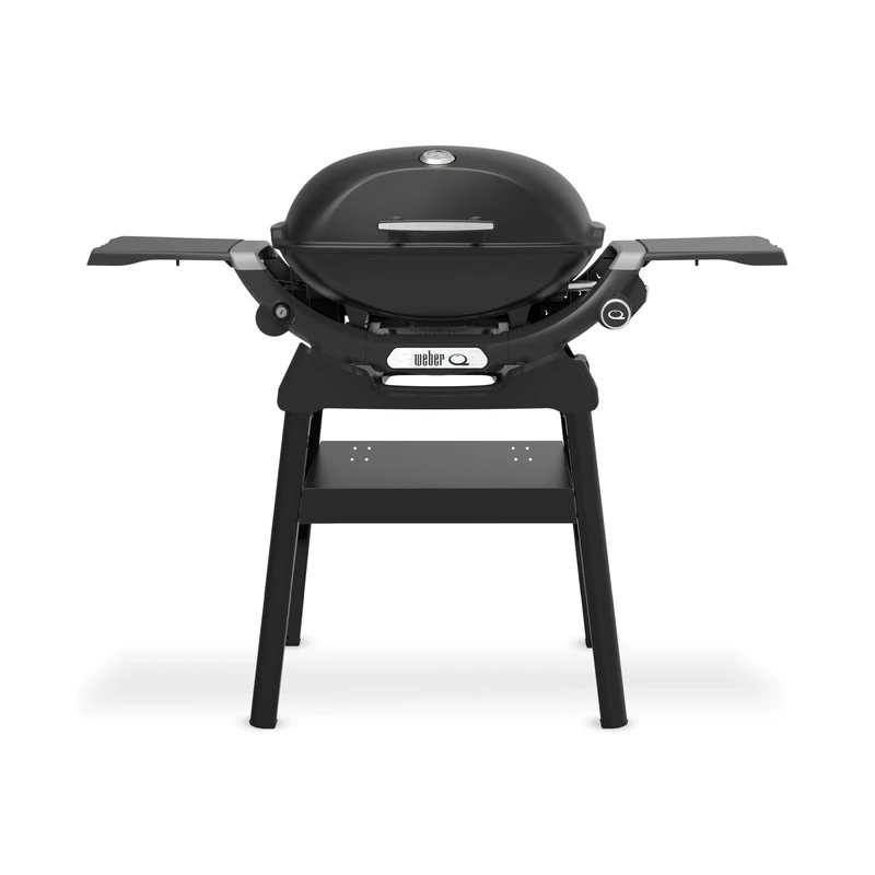 Weber Q 2200N Gas Grill with Compact Stand + Side Tables, 1 Burner, Electronic Ignition, Porcelain-Enamelled Cast Iron Grate, with Lid Thermometer - Black (1501090)