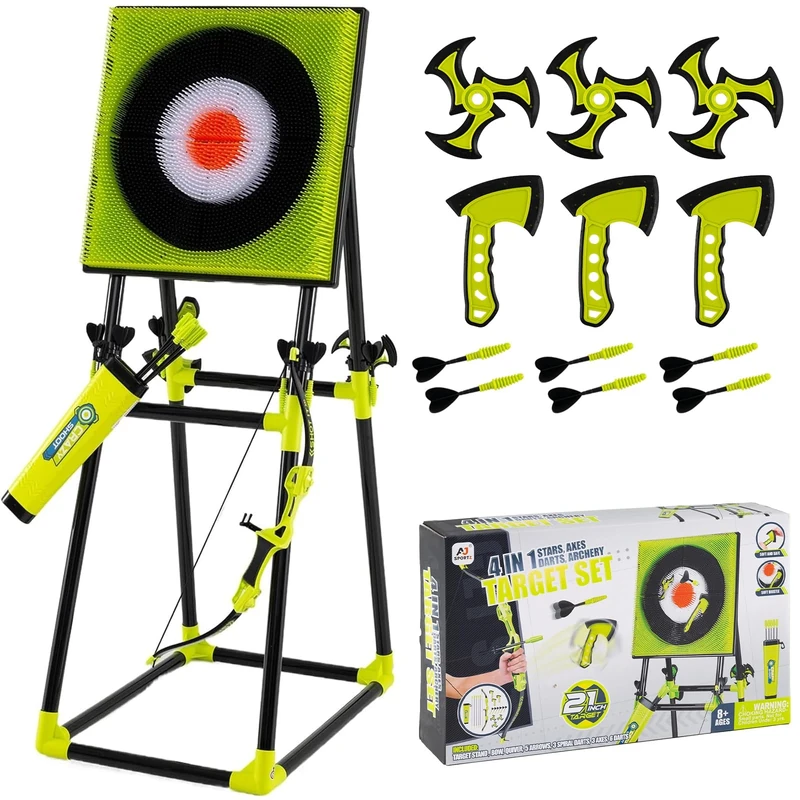 SPOTRAVEL Throwing Target Set, Axe Throwing Game Set and Activity Carnival Game, Outdoor Indoor Yard Game for Kids 6+ (with 3 Throwing Axes, 3 Ninja Darts, 6 Darts, Bow & 5 Arrows, 70 x 50 x 140cm)