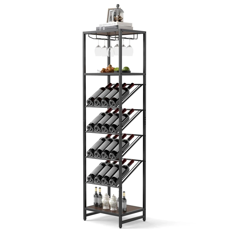 FANTASK Metal Wine Rack for 16 Bottles, Freestanding Bottle Rack with 2 Rows of Glass Holders & Open Shelves, Wine Stand Standing, Cellar Rack for Living Room, Kitchen, Pantry (Black) - Image 1