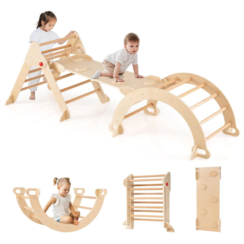 FANTASK 4 in 1 Climbing Triangle with Slide, Climbing Arch, Including Double-Sided Ramp, Wooden Climbing Frame for Climbing, Sliding and Seesawing, Montessori Rung Triangle for Ages 3 and Up (Natural)