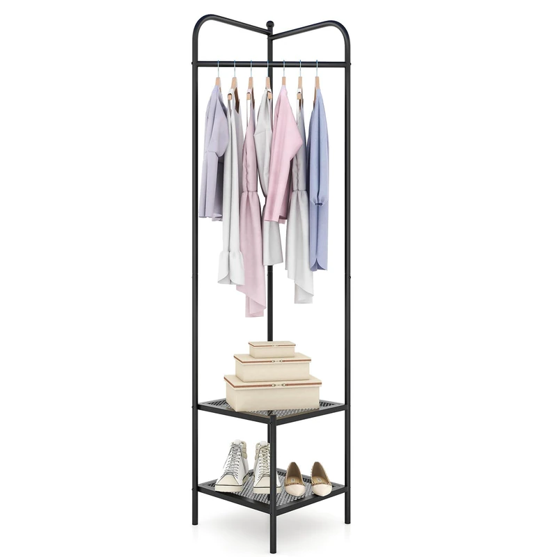 FANTASK Corner Coat Rack Metal, 2 in 1 Clothes Rack with Top Hook & 2 Mesh Shelves, Freestanding Corner Coat Rack for Hallway, Living Room, Bedroom (Black)