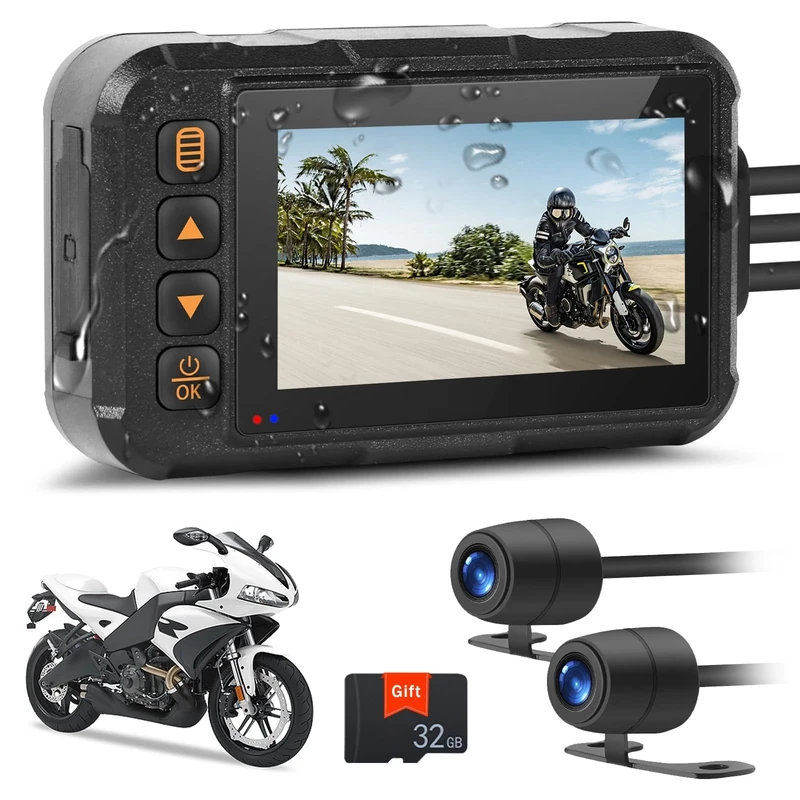 Motorcycle Dash Cam, Motorcycle Camera Front and Rear Waterproof Motorbike Camera Dual Lens Motorbike Dash Cam with 32GB TF Card, 3" HD IPS Display, Night Vision, G-Sensor, Loop Recording, DVR Dashcam