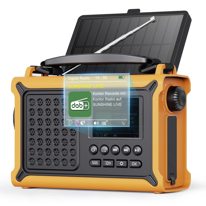ROCAM DAB Solar Wind-Up Radio with Hand Crank Power, 12000mAh Rechargeable Radio with Bluetooth 5.0, 2.4" LCD Color Display, 5W Flashlight with 120dB SOS for Survival Emergency Camping