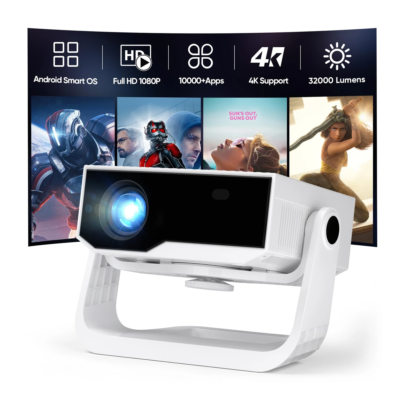 Wielio 2025 Ultra Smart Projector Built-in Apps, 32000 Lumens,Full HD 4K Supported, WiFi 6 & Bluetooth 5.2, Low Fan Noise (<29.8dB), Auto Keystone, Portable Movie Projector for IOS/Android/PS5