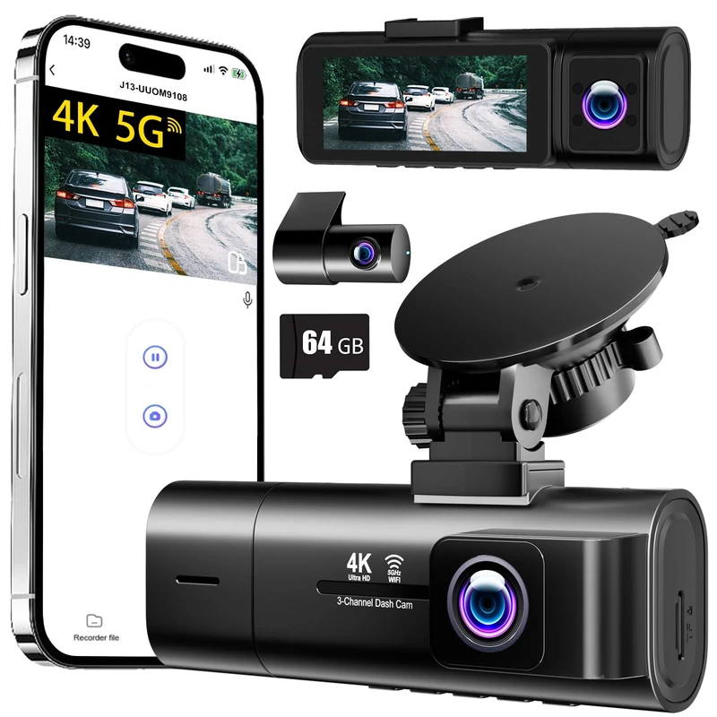 TOOXYZ J13 3-Channel Dash Cam: 4K Front + 1080P Inside + 1080P Rear, 5GHz WiFi, Built-in 64GB Card, 3.16" Screen, Night Vision, Parking Mode