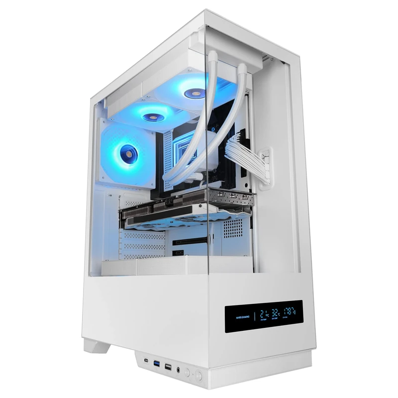 Mars Gaming MC-PULSAR, ATX Gaming Case, Real-Time Front LCD Screen, Dual Tempered Glass Front and Side, CABLEHATCH Cable Management System, Liquid Cooling up to 240mm, White