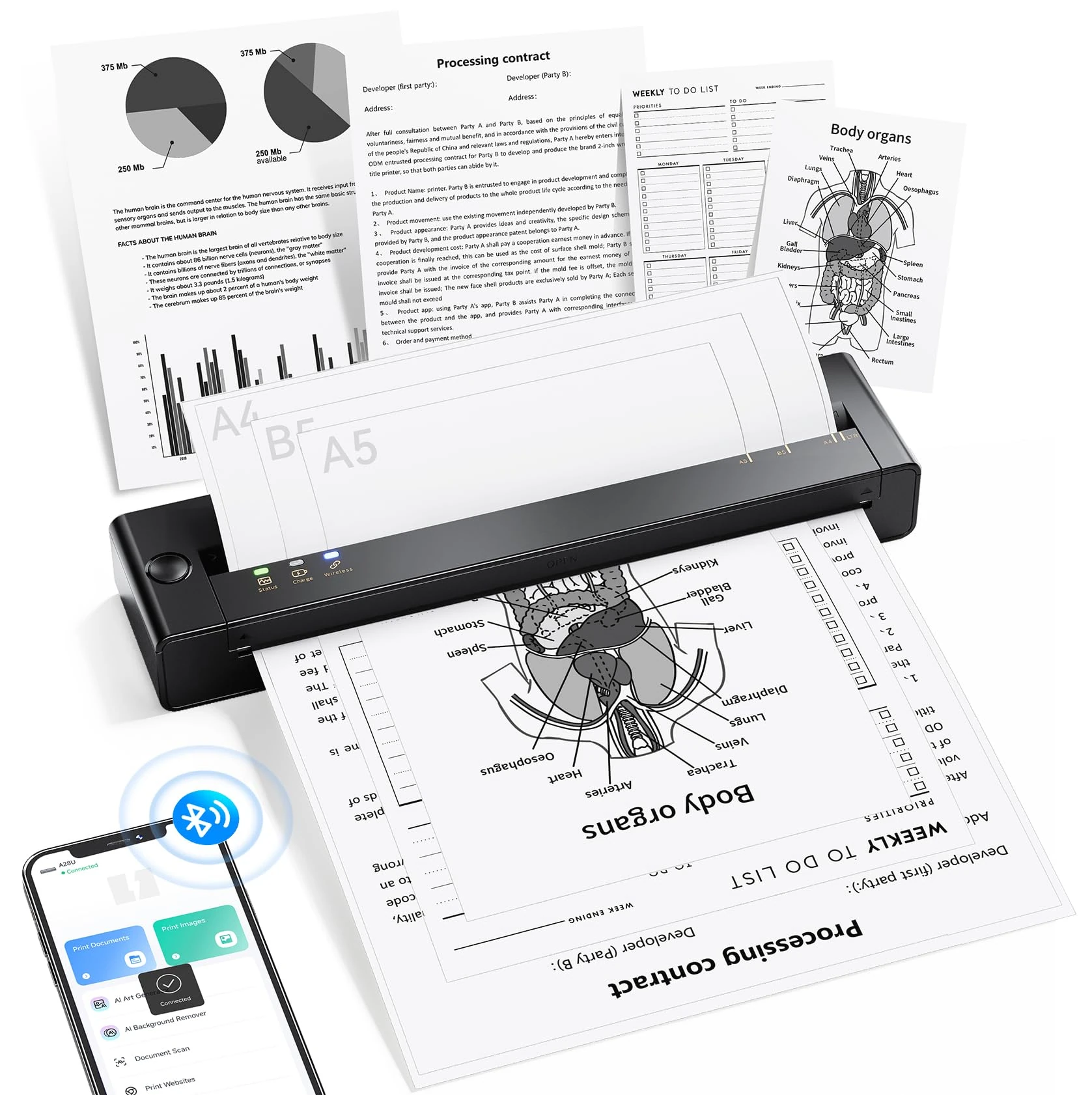 Portable Thermal Printer A4/A5/B5, A28U Wireless Inkless Printer Weighs only 585g, Clear Printing & Long Battery, Bluetooth Compatible with iOS & Android, Printers for Home use Mobile Office Travel