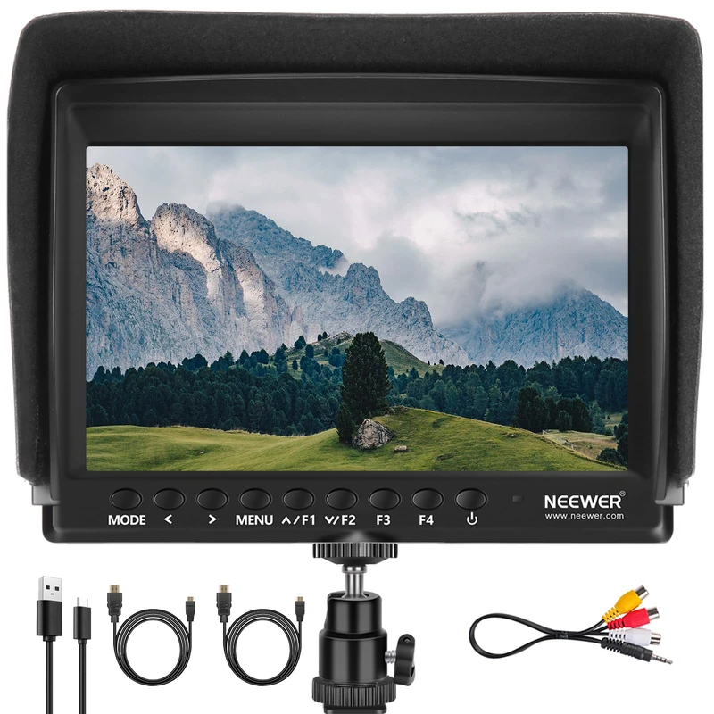 NEEWER F100 7inch Camera Field Monitor, 450nit HD Video Assist IPS 1280x800 HDMI Input 1080p with Peak Focus, Histogram, Sunshade for DSLRs, Handheld Stabilizer, Film Video Making Rig (NO Battery)