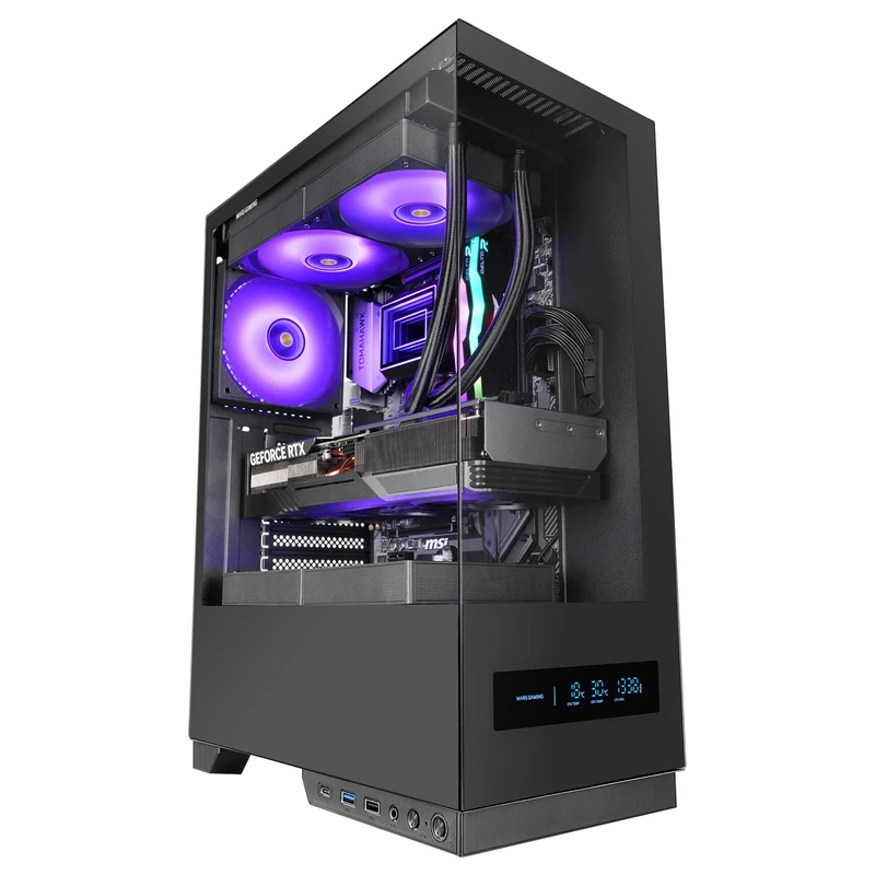 Mars Gaming MC-PULSAR, ATX Gaming Case, Real-Time Front LCD Screen, Dual Tempered Glass Front and Side, CABLEHATCH Cable Management System, Liquid Cooling up to 240mm, Black