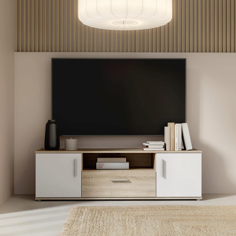 Forte IKOLI TV Cabinet 140 150, Modern Lowboard with 2 Doors and 1 Drawer, Open Compartment, Living Room, Wood Composite, White with Sonoma Oak Wood Decor, 144.6 cm Wide x 43.3 cm High x 41.3 cm Deep
