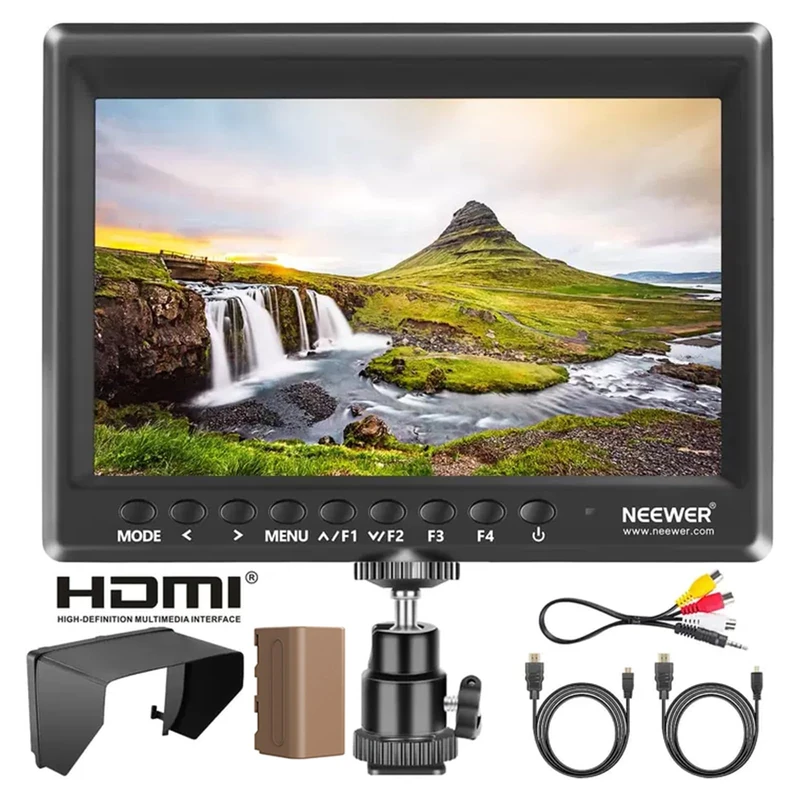 NEEWER F100 7 Inch Camera Field Monitor, 450nit HD Video Assist IPS 1280x800 HDMI 1080p with Peak Focus/Histogram/F750 Battery, 360° Ball Head for DSLRs, Handheld Stabilizer, Film Video Making Rig