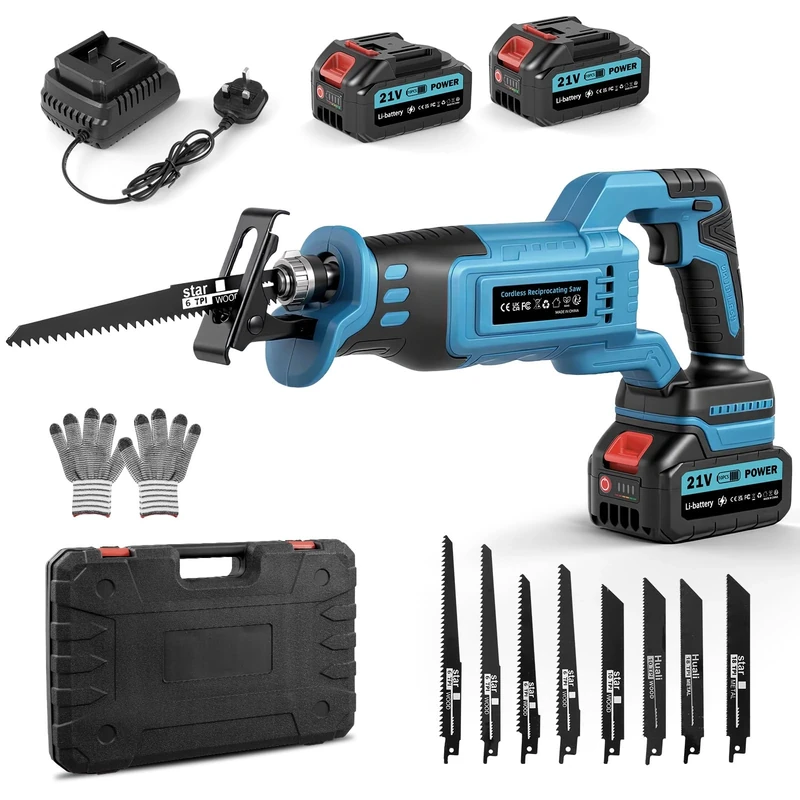 Reciprocating Saw, Enhanced 3500 SPM Low Noise Brushless Motor, High-Performance 2 * 21V 4.0 Ah Batteries Extended Standby, 8 pcs Versatile Alloy Steel Blade Set Easily Cut Through Wood, Metal