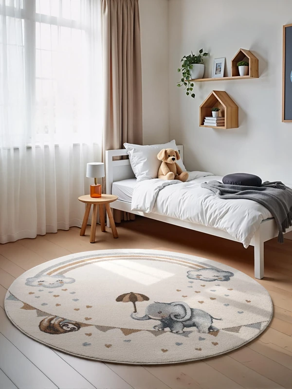 Villeroy & Boch Boho Kids Children's Rug, Round, Walk Like an Elephant Rainbow, Soft Short Pile for Children's Room, Girls and Boys, Animal Motif, Play Mat, Crawling Mat, Cream, Multi-Colour, Diameter - Image 1