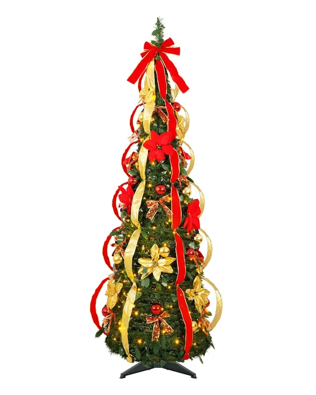 Uten 6FT/1.8m Collapsible Pop Up Christmas Tree, Artificial Christmas Tree with 300 LED Warm Lights, 8 Lighting Modes, 24 Christmas Balls, Christmas Flowers, Bow, Ribbon, Indoor/Outdoor Decoration