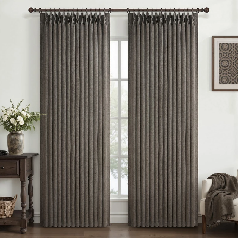 Pinch Pleated Chocolate Tart Semi Sheer Curtains 84 Inches Long for Living Room, Memory Trained Natural Linen Farmhouse Curtain Light Filtering Privacy Thick Drapes Bedroom Windows Burg 2 Panels Set