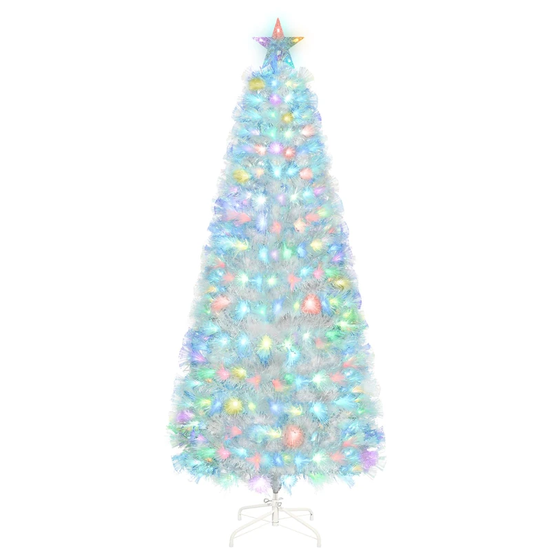 Uten Fibre Optic White Christmas Tree, 5ft/1.5m Artificial Christmas Tree with Multicolor Fibre Optic LED Light and Star, 170 Natural PVC Tips, Indoor Home Xmas Tree Decoration, Metal Stand, Reusable