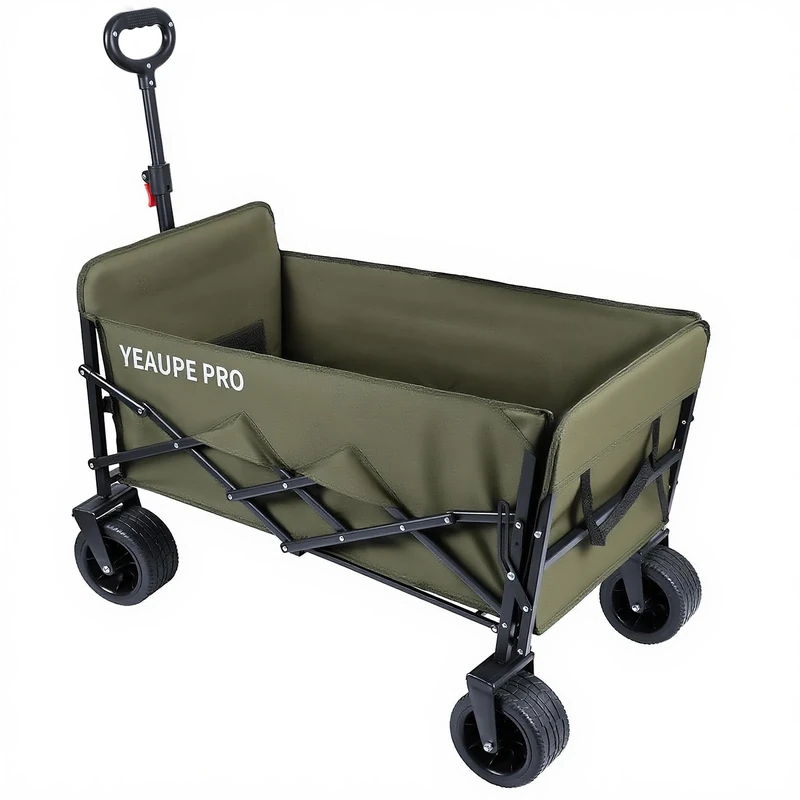 YEAUPE PRO Mini Folding Camping Wagon 70L – Compact Collapsible Utility Cart with Side Opening, 6” Narrow Wheels, Front Double Brake, Lightweight Outdoor Trolley in Army Green