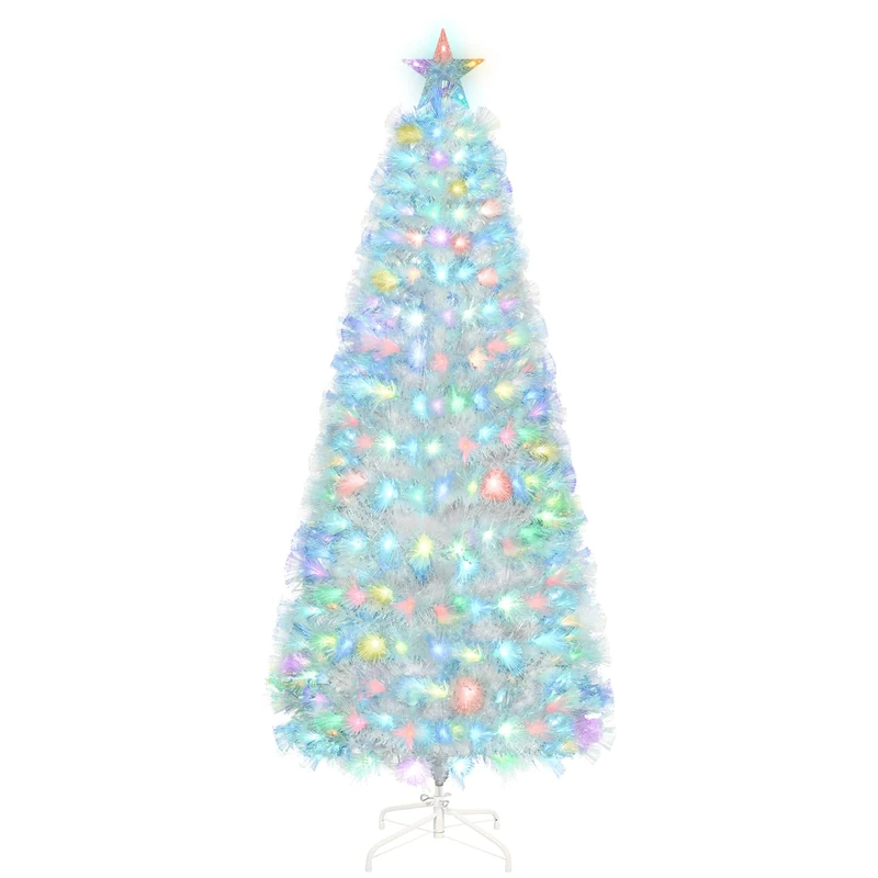 Uten Fibre Optic White Christmas Tree, 4ft/1.2m Artificial Christmas Tree with Multicolor Fibre Optic LED Light and Star, 125 Natural PVC Tips, Indoor Home Xmas Tree Decoration, Metal Stand, Reusable
