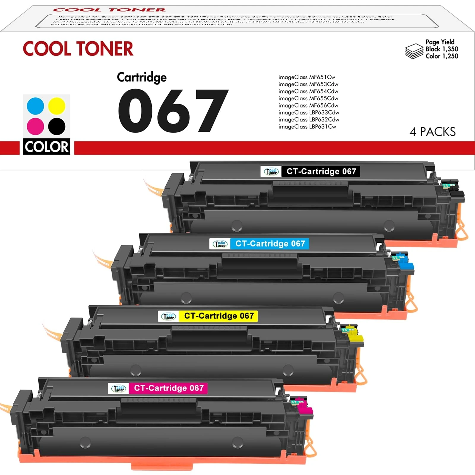 067 067H Toner Cartridge Set: Compatible for Canon 067 067H i-SENSYS MF655Cdw MF657Cdw MF651Cw LBP631Cw LBP632Cdw LBP633Cdw MF656Cdw MF653Cdw MF654Cdw 4 Packs ( Black Cyan Yellow Magenta )