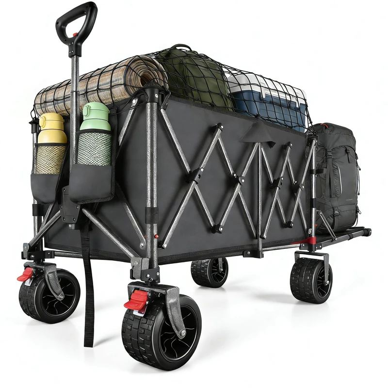 60-120L Festival Trolley on Wheels, Heavy Duty Folding Wagon, Portable Camping Cart Load up 160KG, Camping Trolley Foldable for Beach Outdoor Garden Shopping Fishing, Rear-Opening Design, Gray