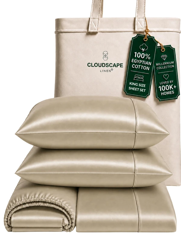 Cloud Scape Linen Engineered Dual-Ply Egyptian Cotton King Size Sheet Set – Long-Staple Sateen Weave, 4-Piece Soft Hotel Quality Bedding Set,Deep Pockets Up to 16”, Linen