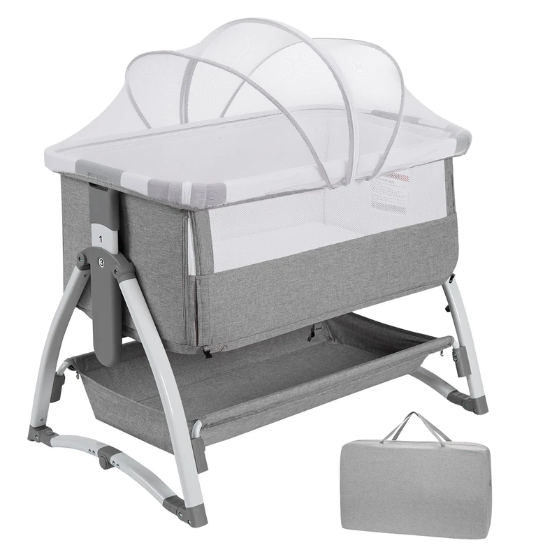 GarveeHome 3 in 1 Baby Guest Bed, Folding Guest Bed with Mattress and Mosquito Net, Adjustable Height, with Travel Bag, 0-36 Months Baby (Light Grey) - Image 1