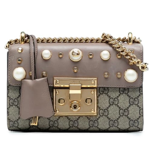 Gucci Pre-Loved Small GG Supreme Pearl Studded Padlock Crossbody